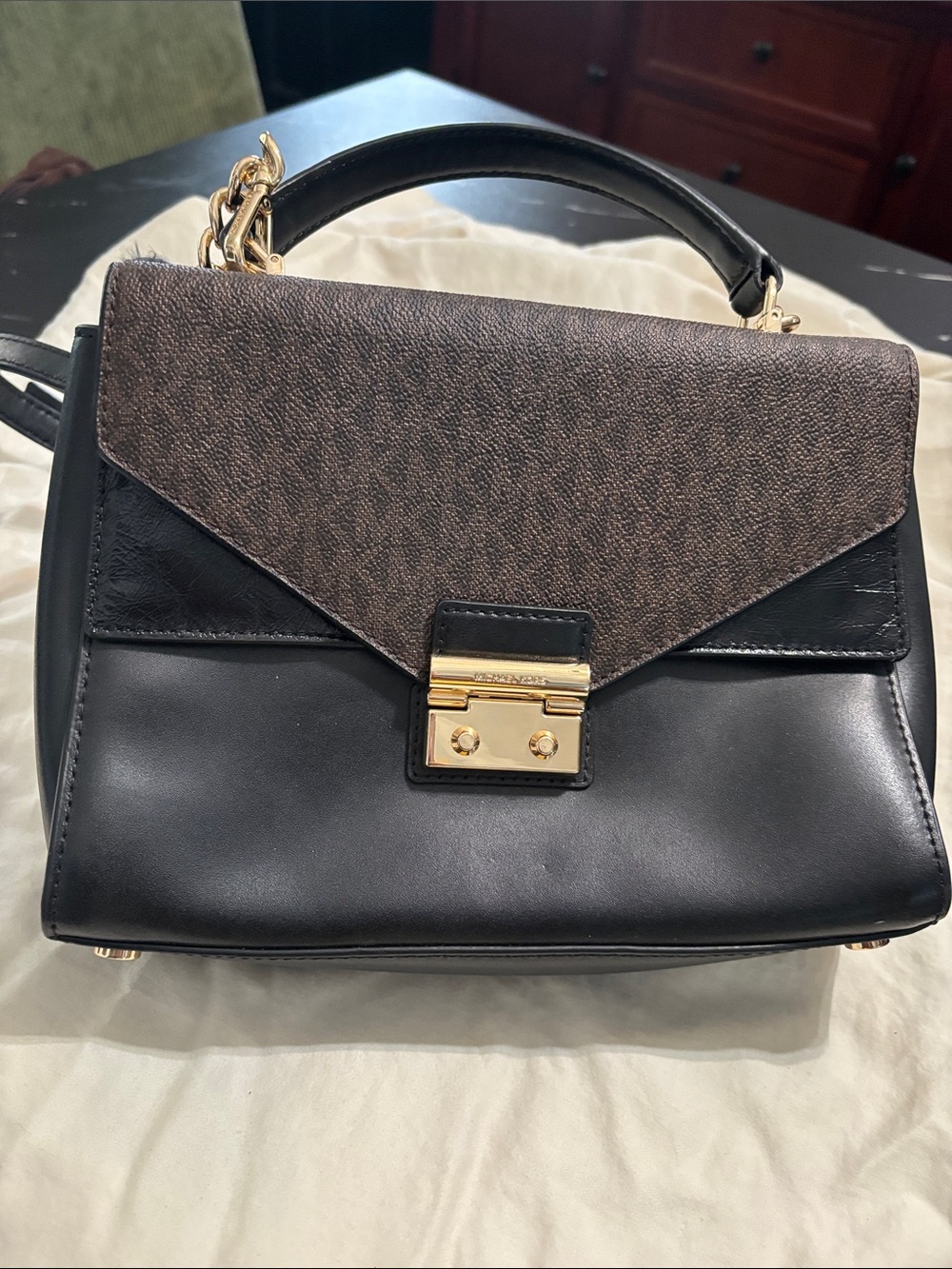 Michael Kors Sloan Black Leather Satchel with Brown Logo Flap and Gold Hardware